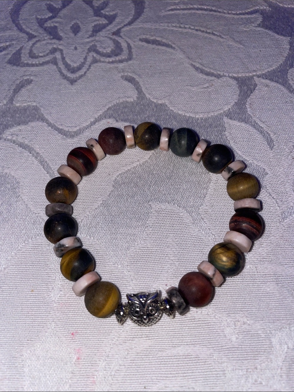 7 inch Unpolished Tiger Eye stretch bracket with Owl Charm & Marble Spacers